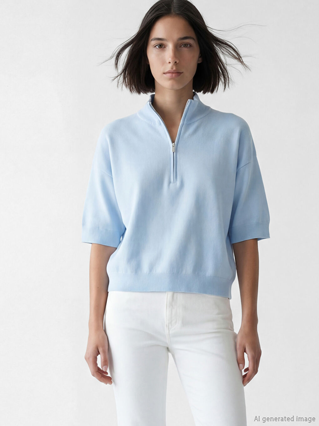 Mavi Dik Yaka Oversize Kadın Triko Kazak