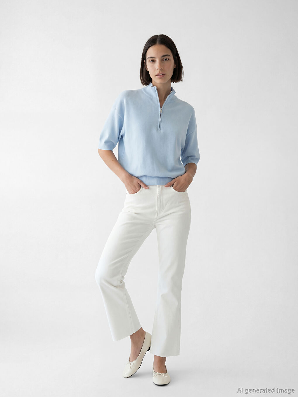 Mavi Dik Yaka Oversize Kadın Triko Kazak-1