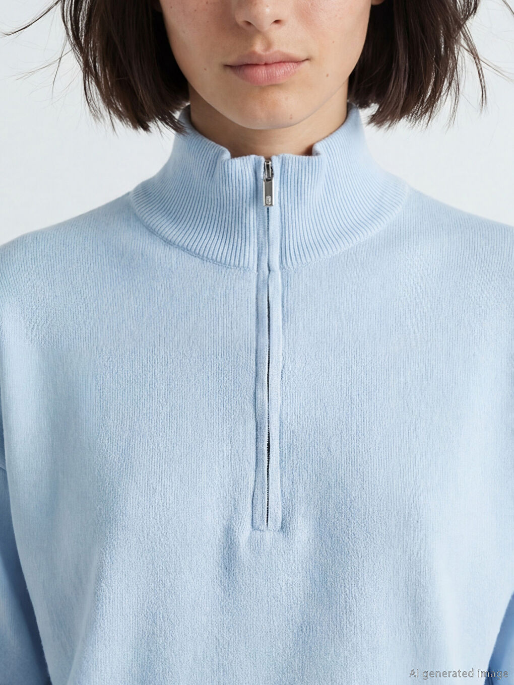 Mavi Dik Yaka Oversize Kadın Triko Kazak-2