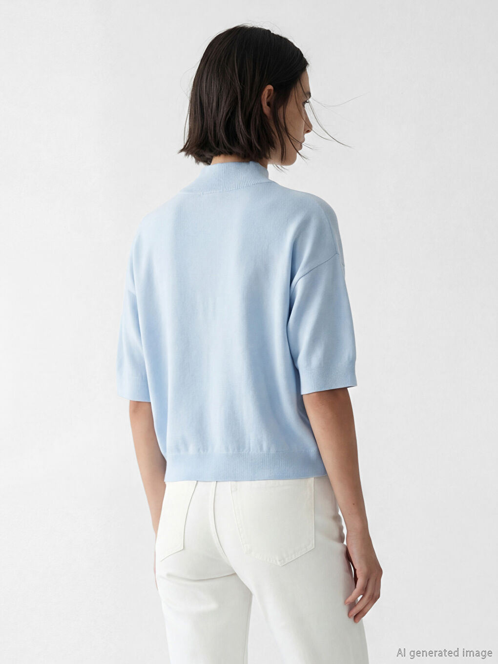 Mavi Dik Yaka Oversize Kadın Triko Kazak-3