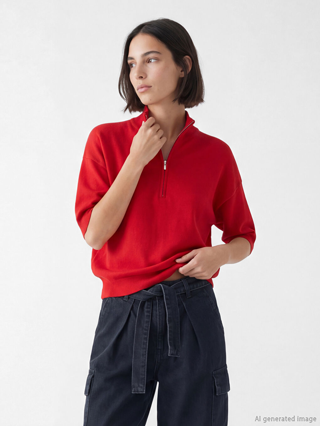 Kırmızı Dik Yaka Oversize Kadın Triko Kazak