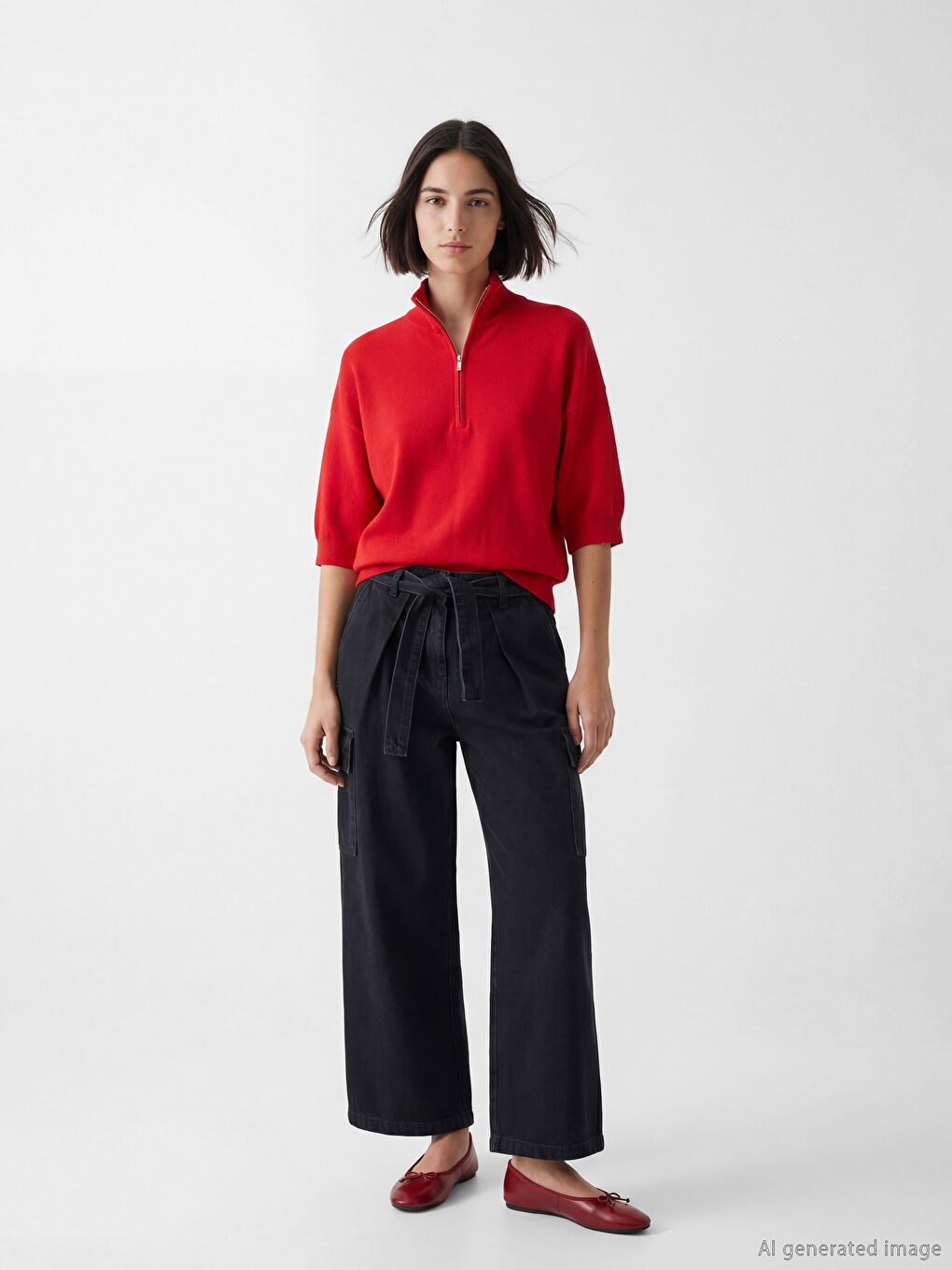 Kırmızı Dik Yaka Oversize Kadın Triko Kazak-1