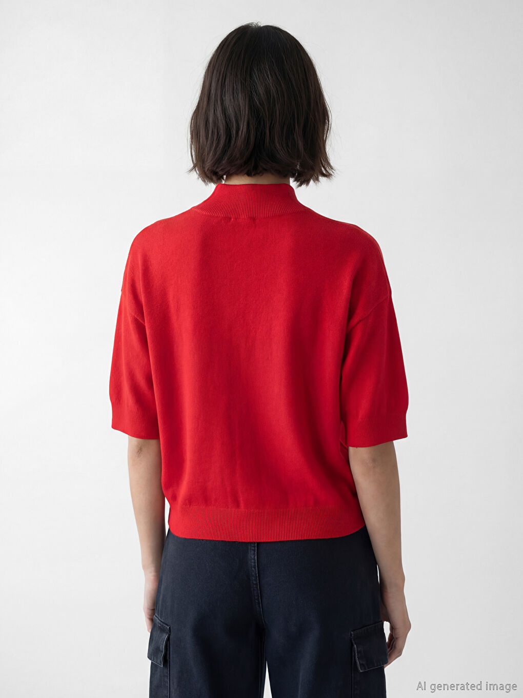 Kırmızı Dik Yaka Oversize Kadın Triko Kazak-3