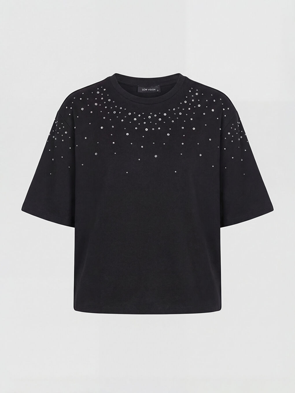 Antrasit Bisiklet Yaka Taşlı Kadın Tişört-4