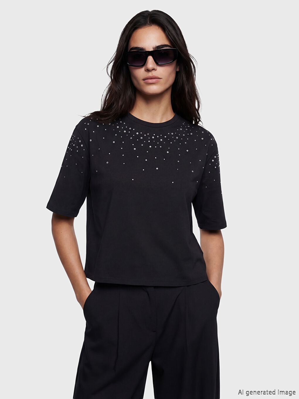 Antrasit Bisiklet Yaka Taşlı Kadın Tişört