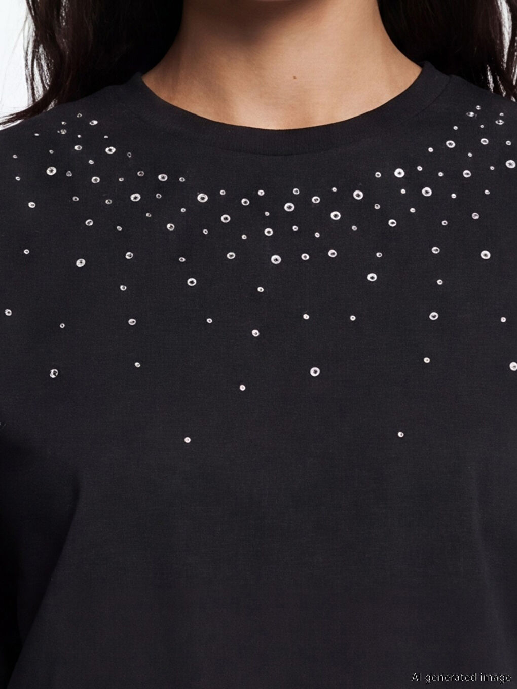 Antrasit Bisiklet Yaka Taşlı Kadın Tişört-2