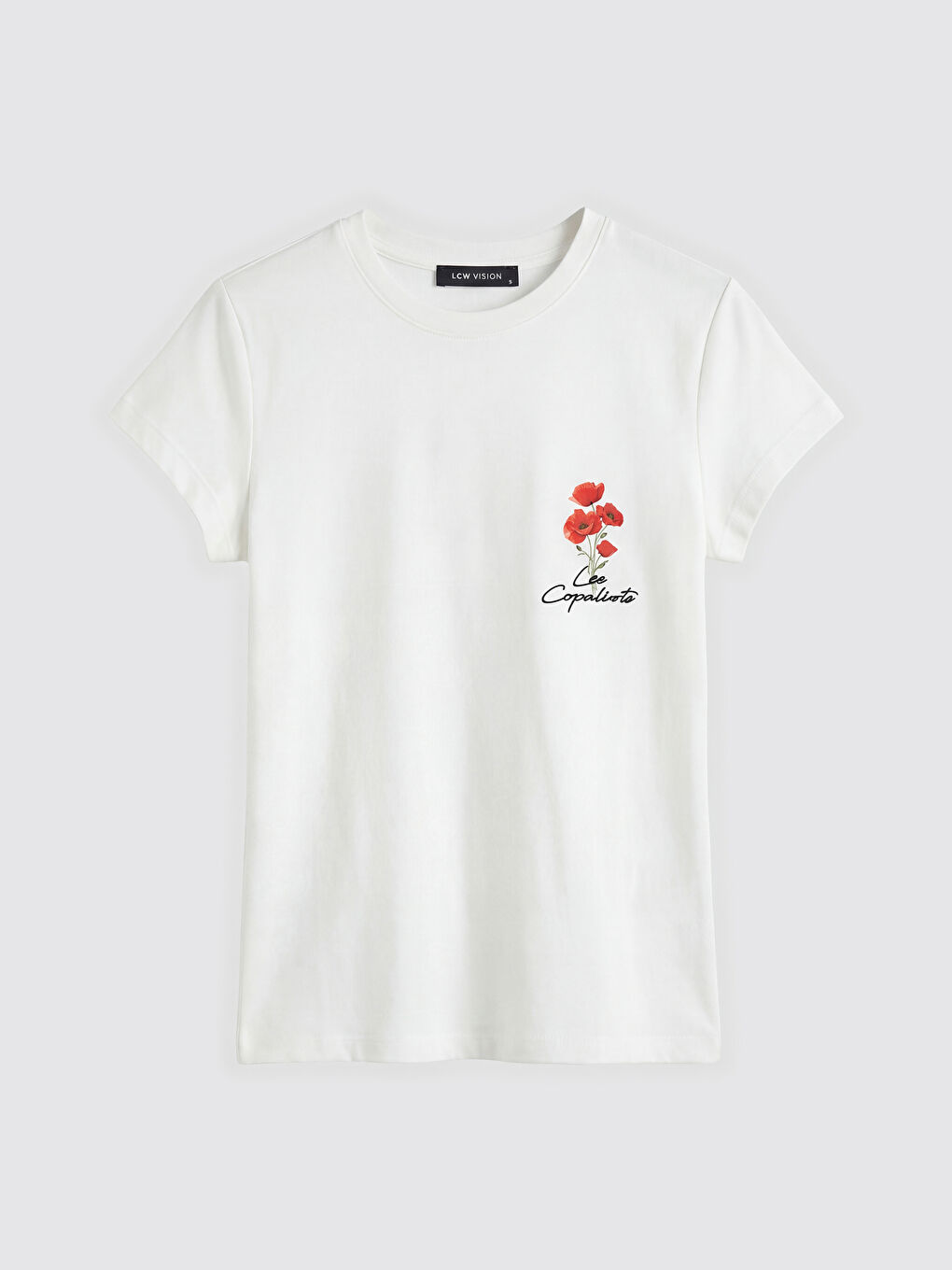 Beyaz Bisiklet Yaka Baskılı Kadın Tişört-3