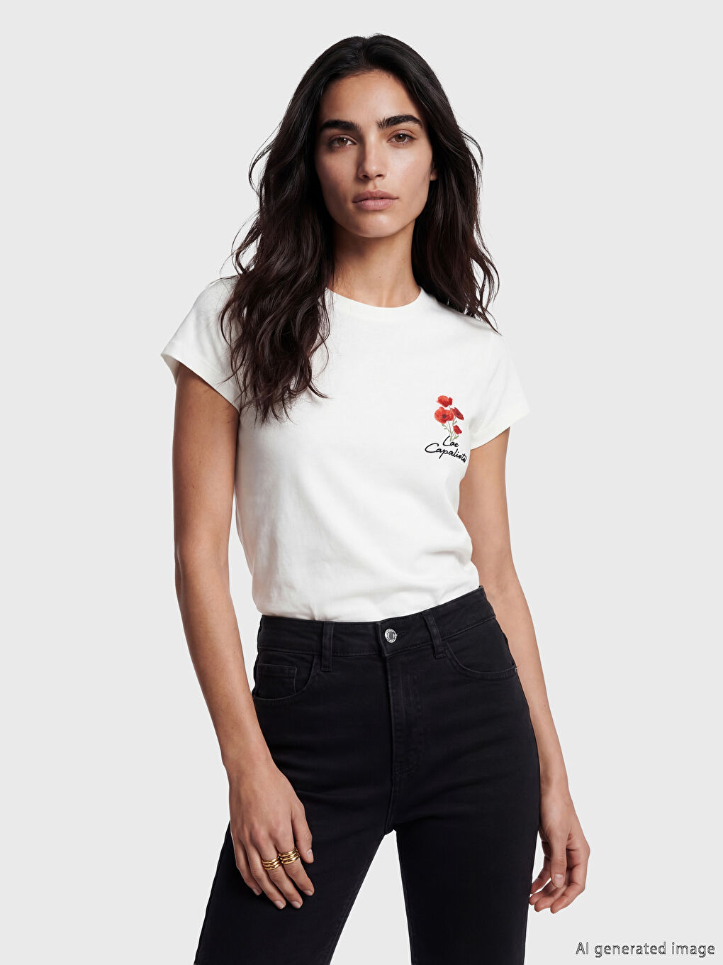 Beyaz Bisiklet Yaka Baskılı Kadın Tişört