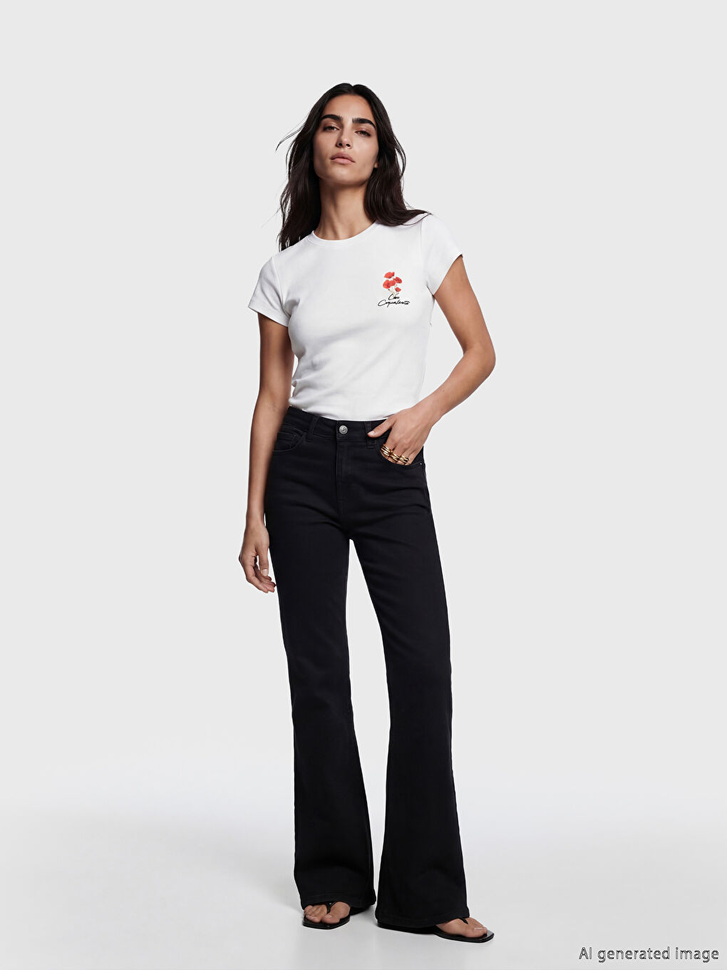 Beyaz Bisiklet Yaka Baskılı Kadın Tişört-1