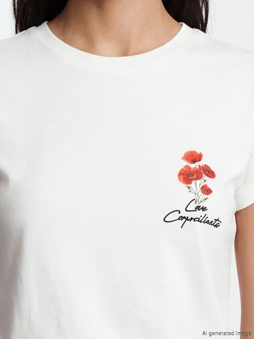 Beyaz Bisiklet Yaka Baskılı Kadın Tişört-2