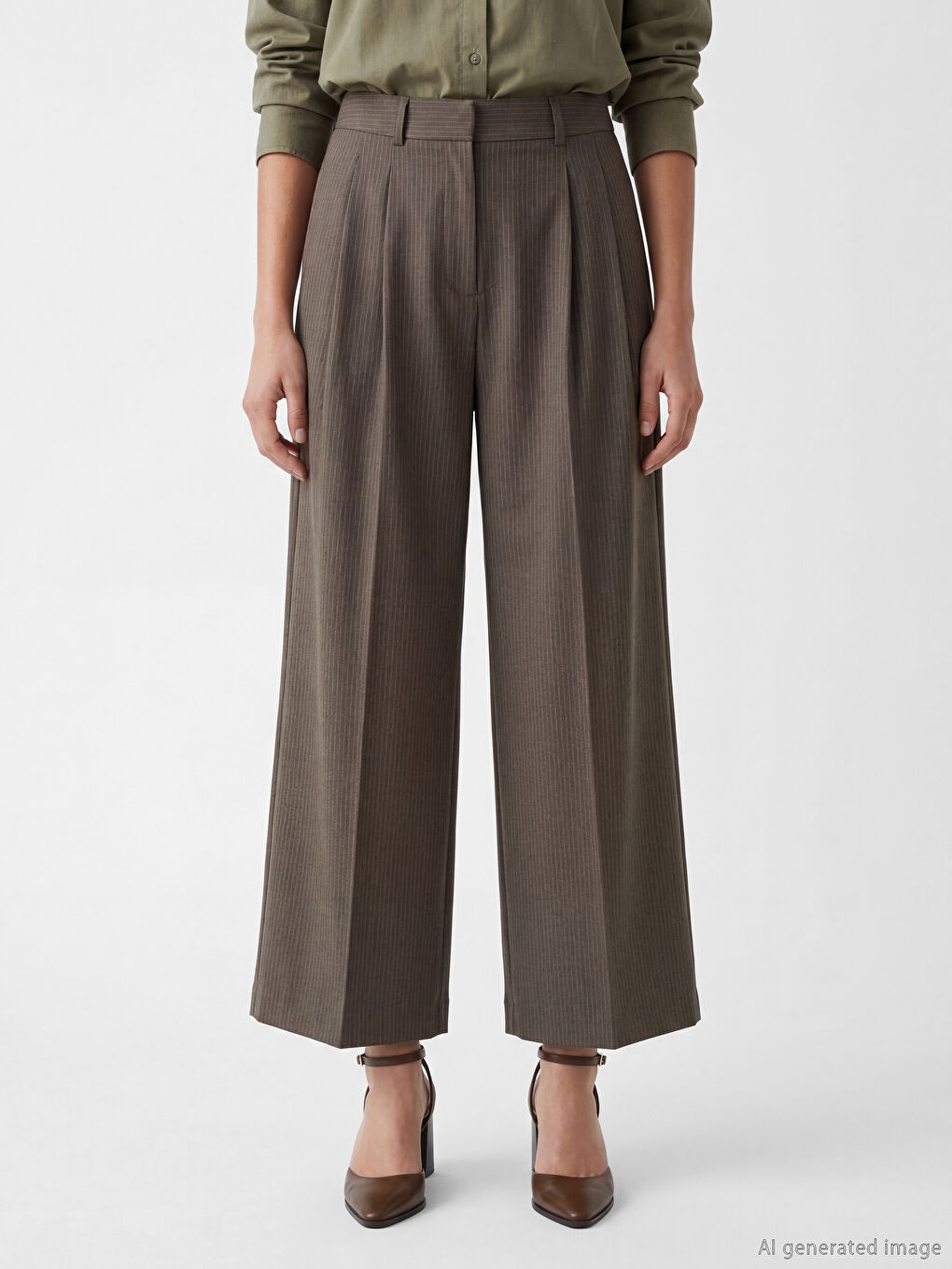 Haki Yüksek Bel Çizgili Kadın Pantolon-1