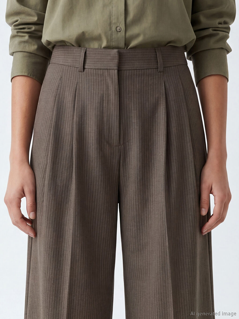 Haki Yüksek Bel Çizgili Kadın Pantolon-2