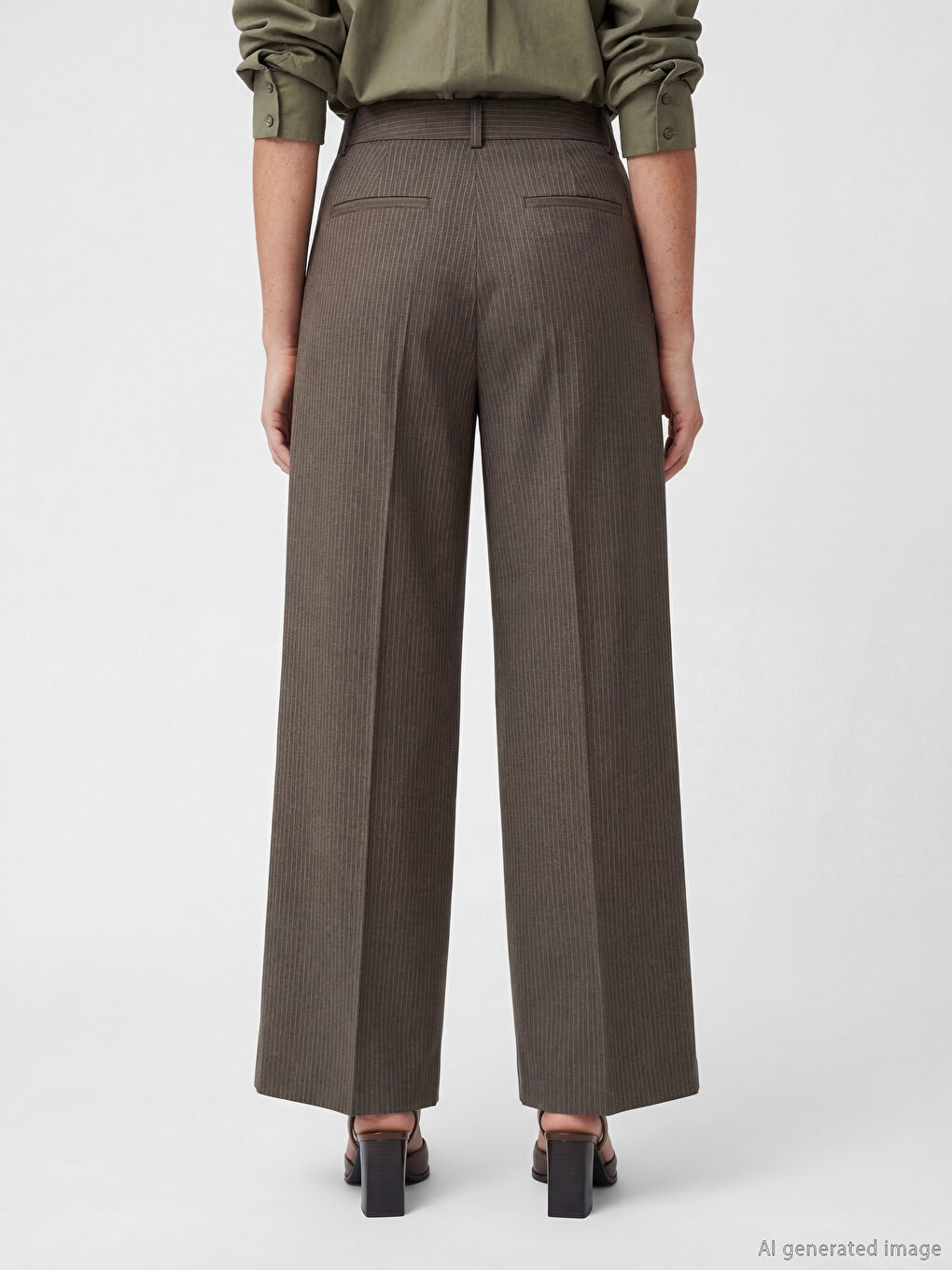 Haki Yüksek Bel Çizgili Kadın Pantolon-3