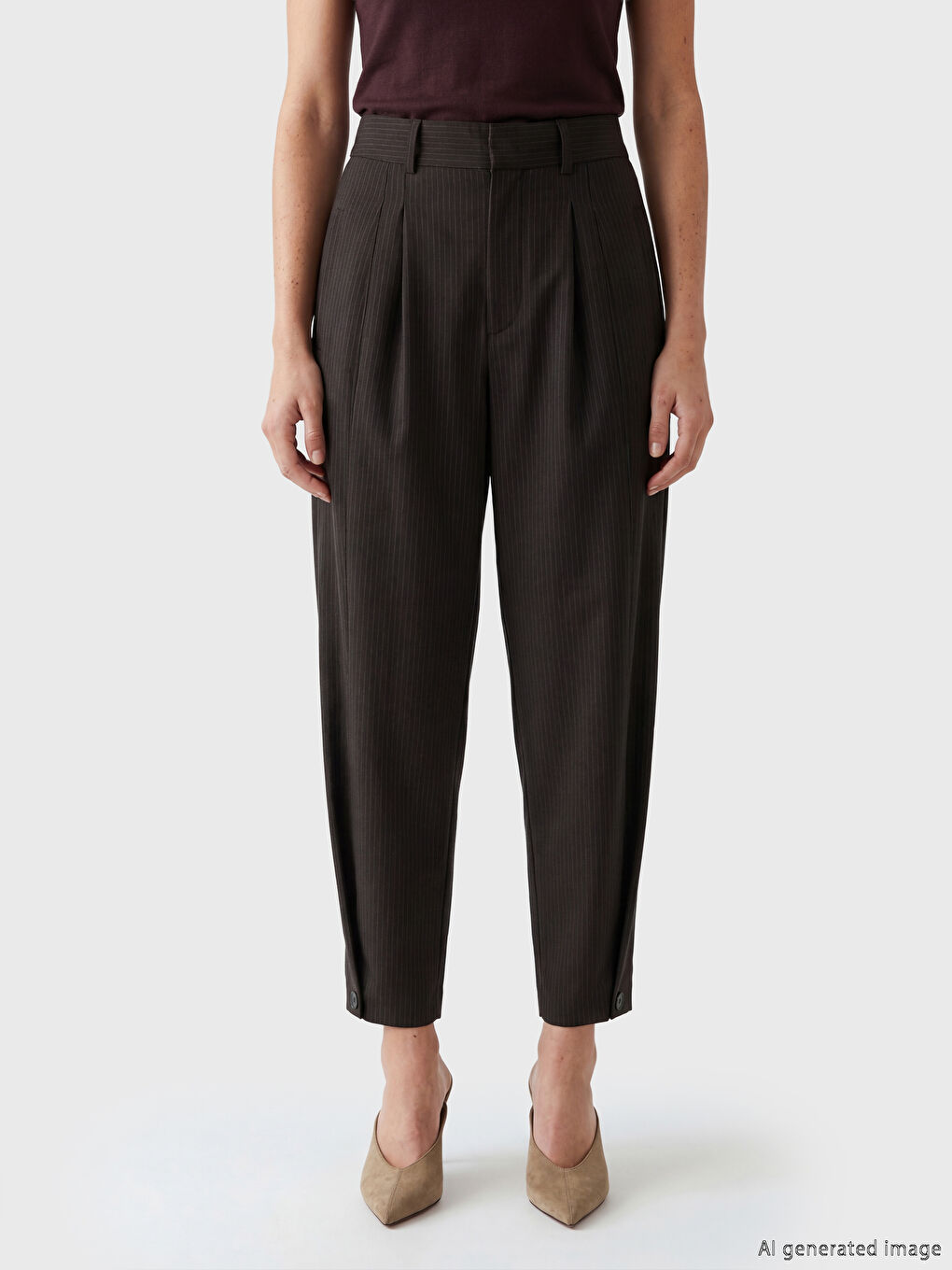 Kahverengi Loose Fit Çizgili Kadın Pileli Kumaş Pantolon-1