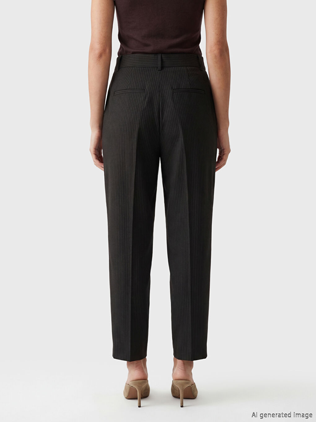 Kahverengi Loose Fit Çizgili Kadın Pileli Kumaş Pantolon-3