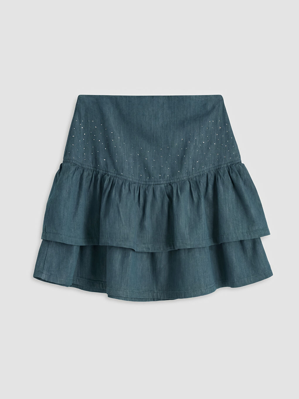 Antrasit Beli Fermuarlı Taşlı Katkat Mini Jean Etek