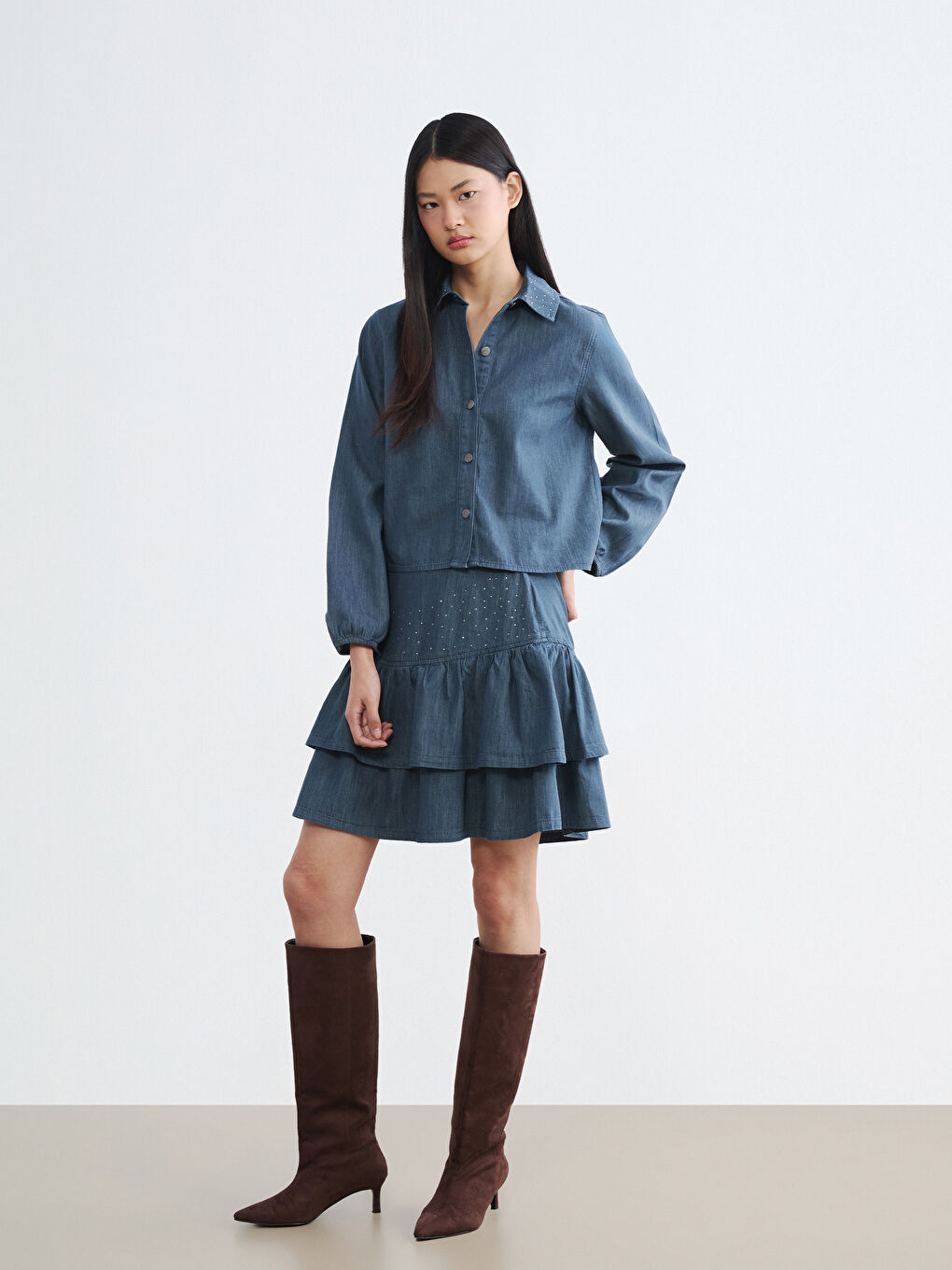 Antrasit Beli Fermuarlı Taşlı Katkat Mini Jean Etek-1