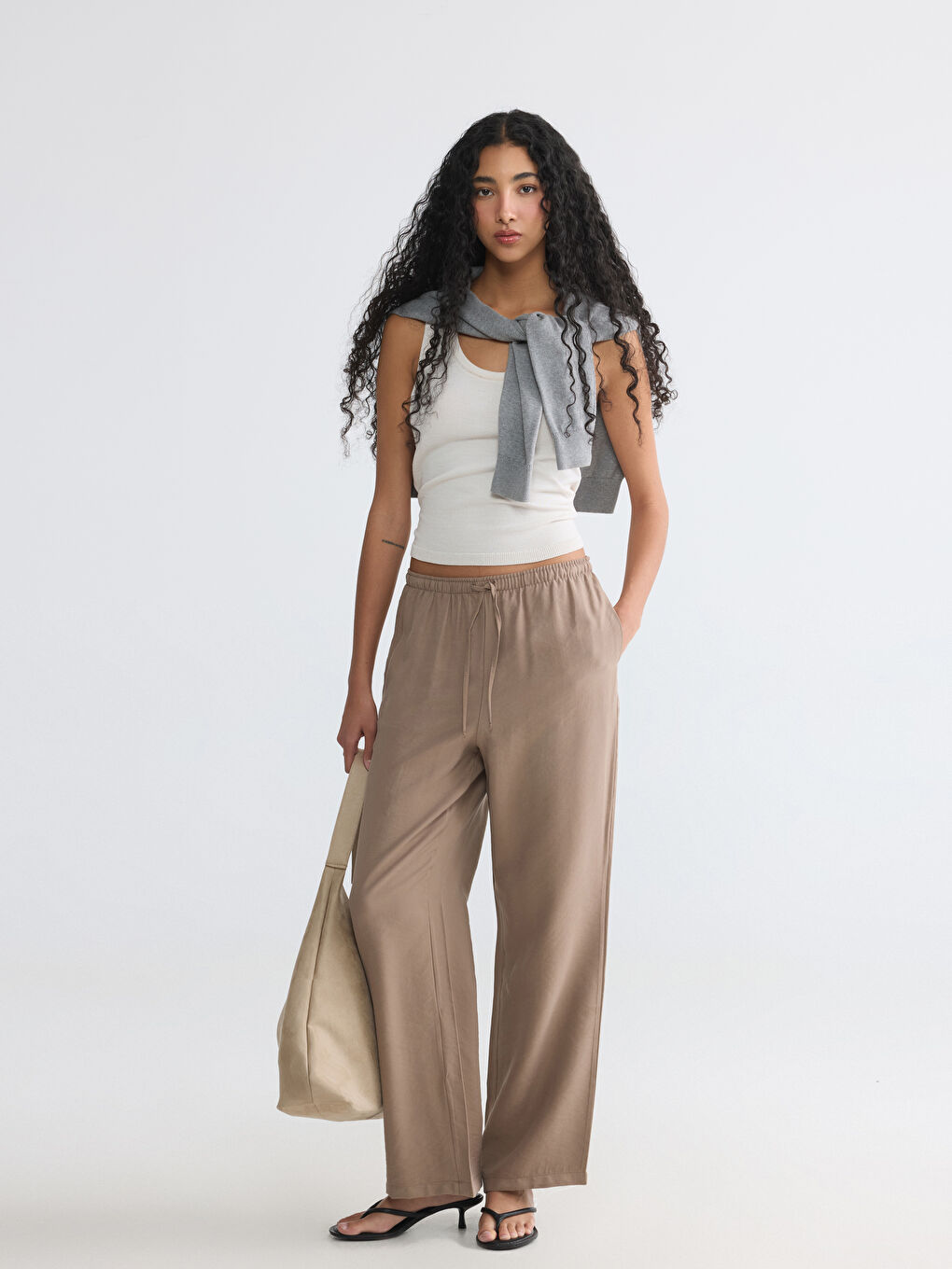 Kahverengi Beli Lastikli Modal Karışımlı Kadın Pantolon