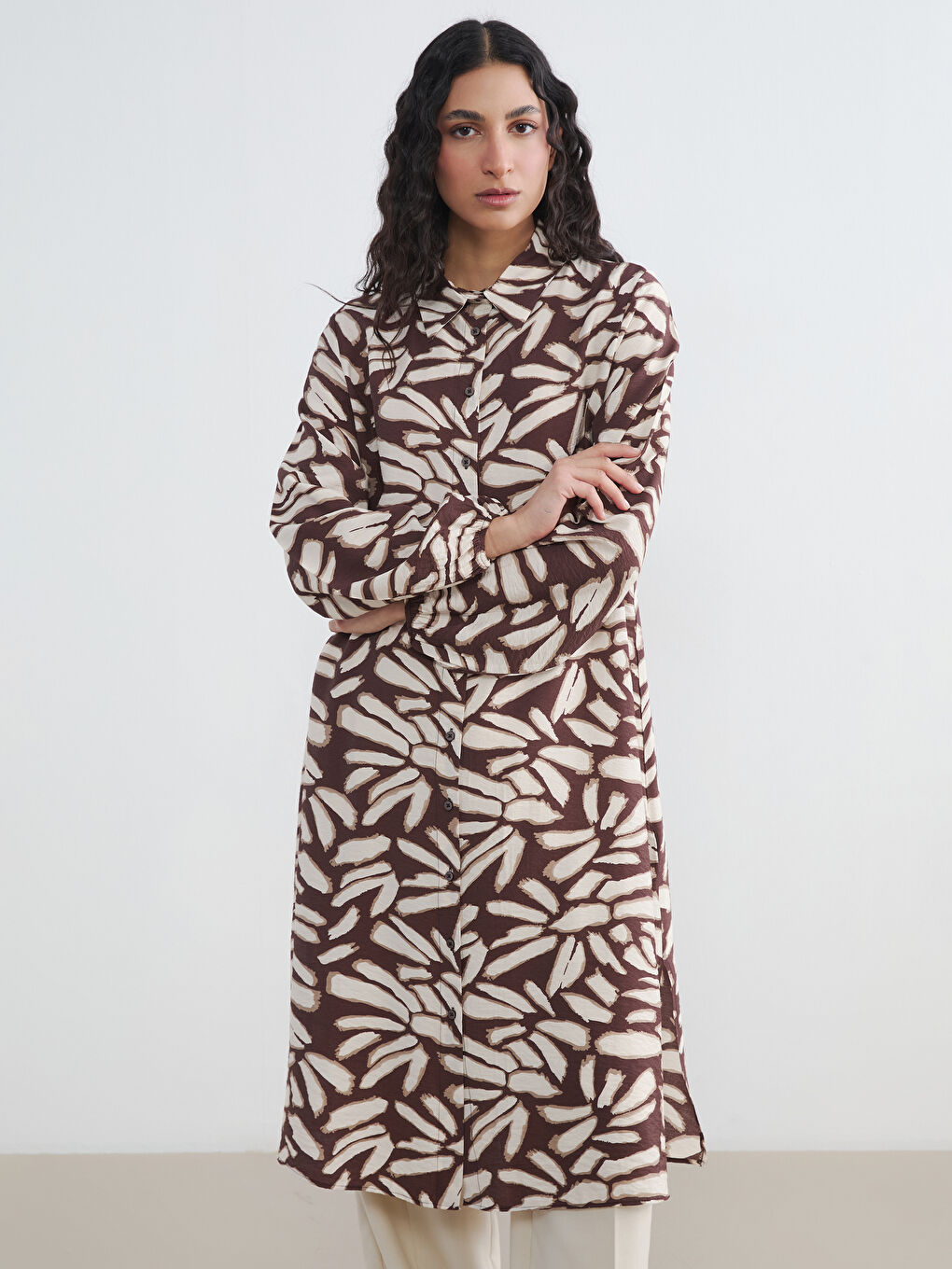 Kahverengi Desenli Kadın Gömlek Tunik