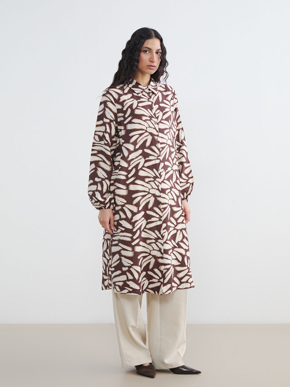 Kahverengi Desenli Kadın Gömlek Tunik-1