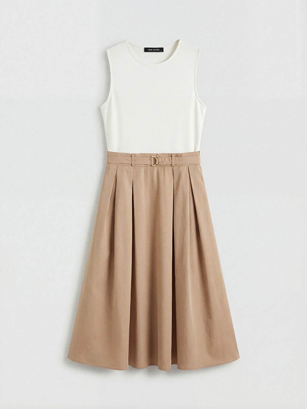 Ekru Bisiklet Yaka Kemerli Pileli Elbise