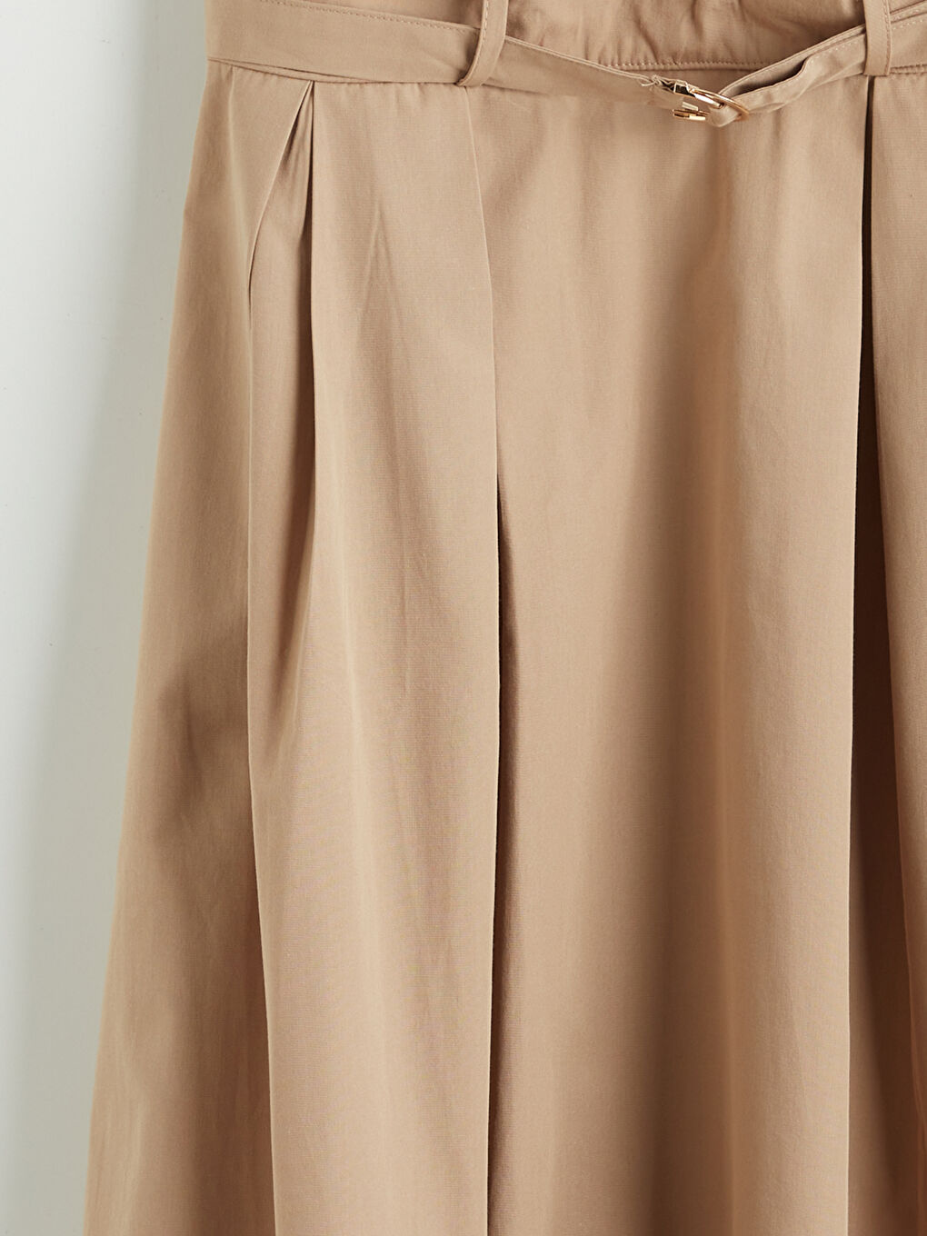 Ekru Bisiklet Yaka Kemerli Pileli Elbise-2