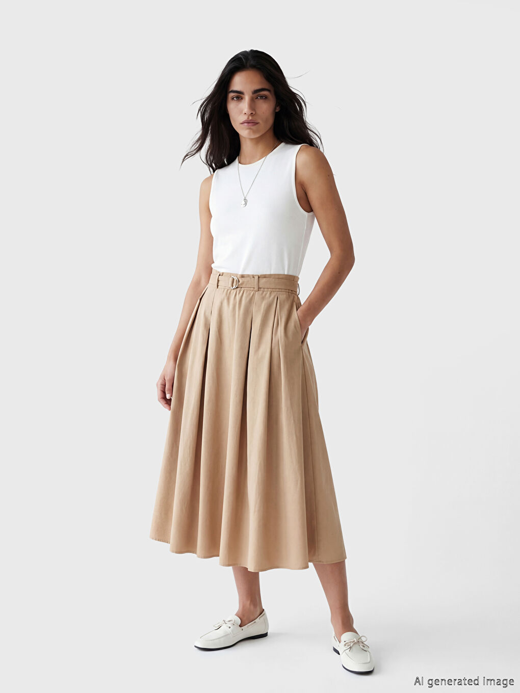 Crew Neck Belted Pleated Dress