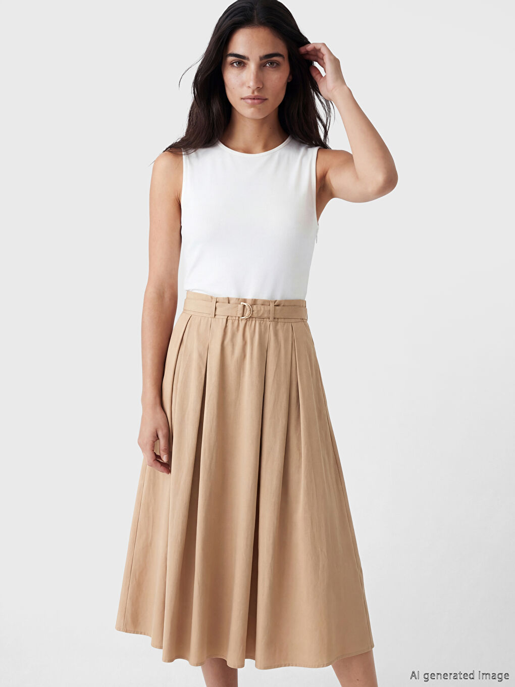 Crew Neck Belted Pleated Dress-1