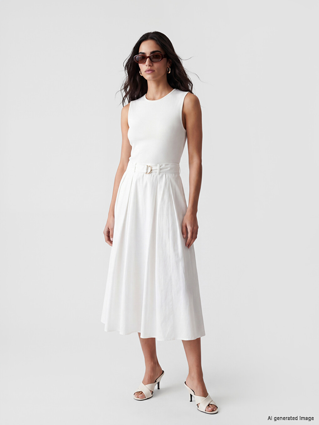 Crew Neck Belted Pleated Dress