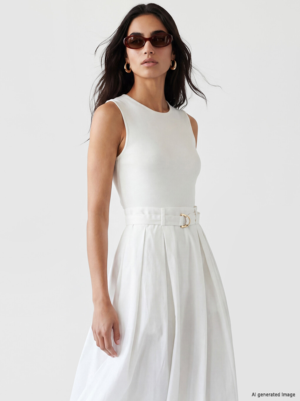 Crew Neck Belted Pleated Dress-1