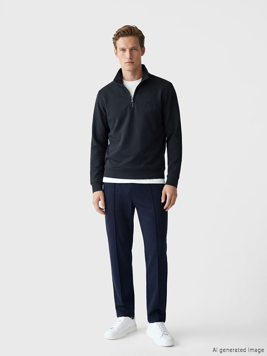 Antrasit Fermuarlı Dik Yaka Nakışlı Erkek Sweatshirt-1