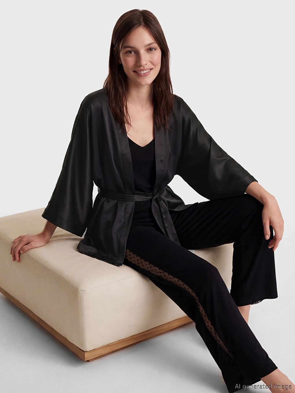 Siyah Şal Yaka Kadın Saten Sabahlık-1