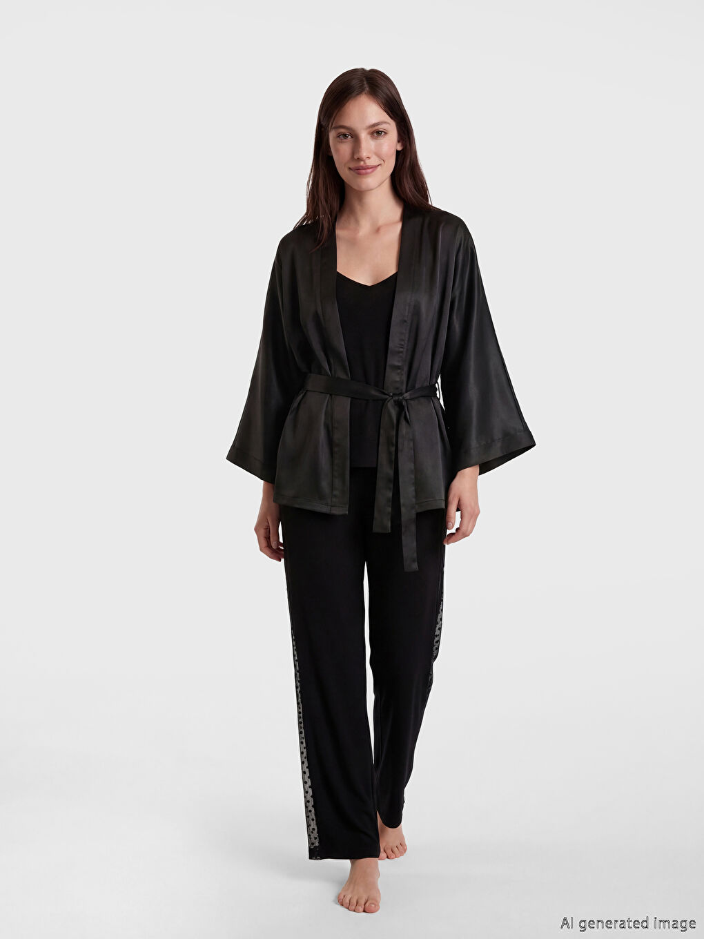 Siyah Şal Yaka Kadın Saten Sabahlık-2