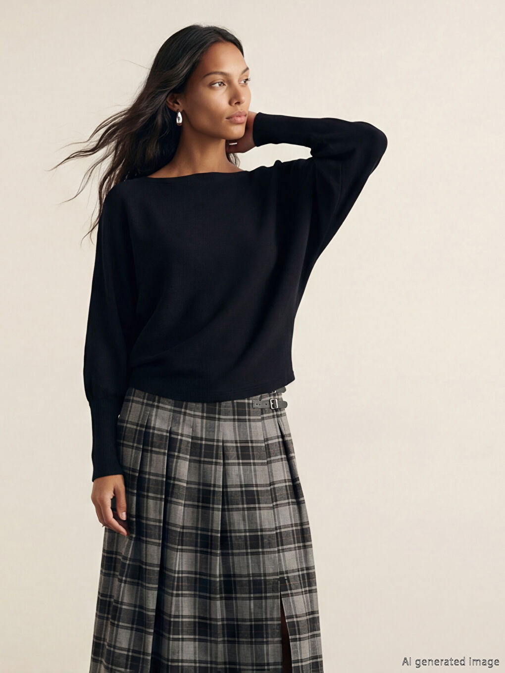 Siyah Kayık Yaka Kadın Triko Kazak