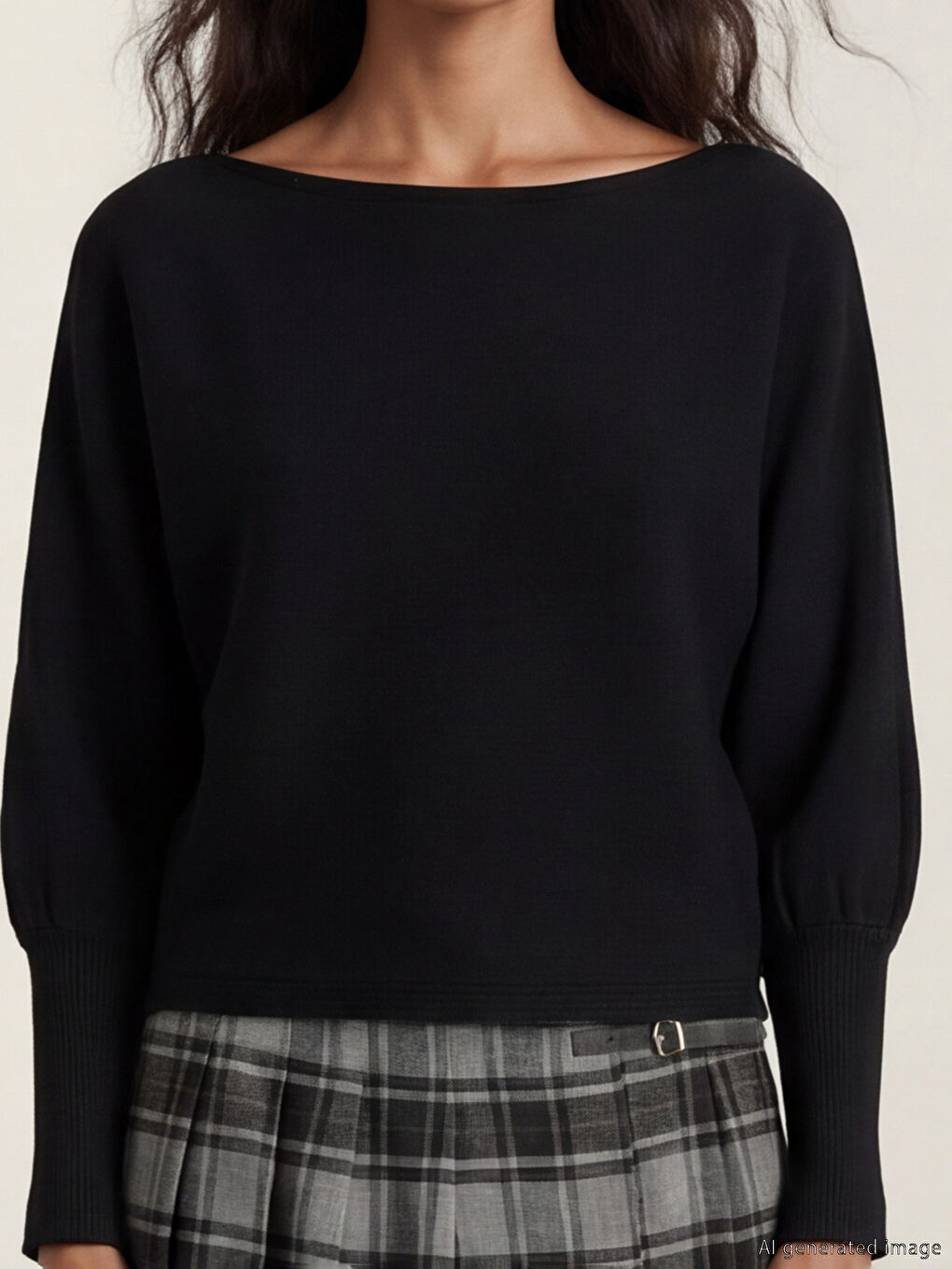 Siyah Kayık Yaka Kadın Triko Kazak-2