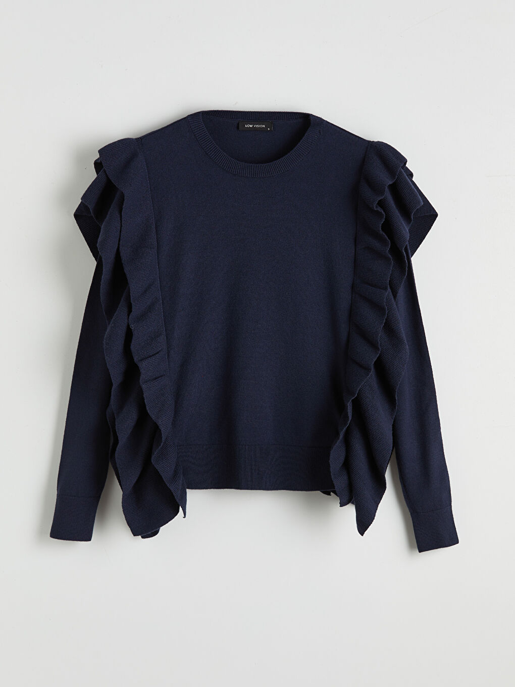 Lacivert Bisiklet Yaka Fırfır Detaylı Kadın Triko Kazak-3