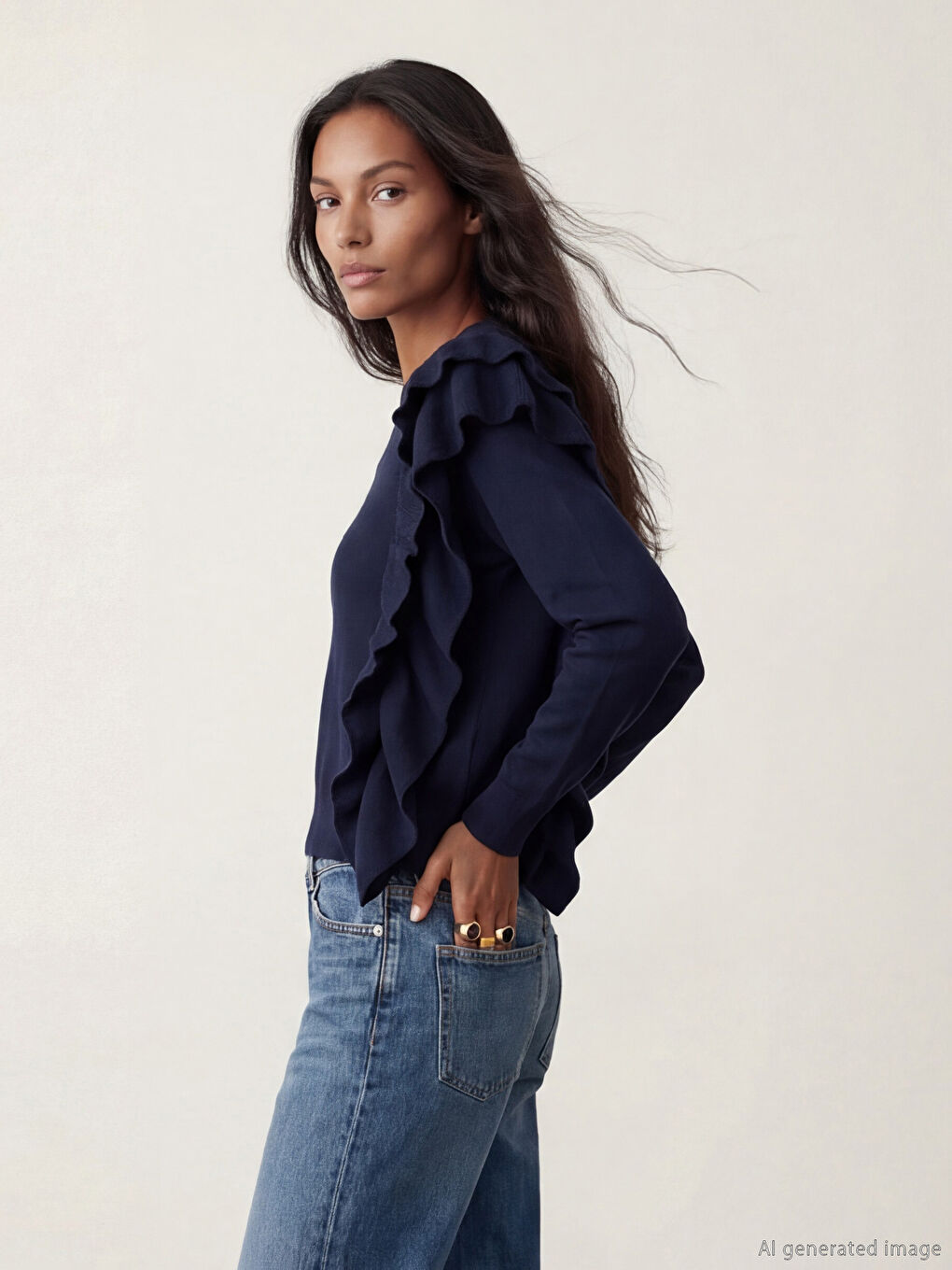 Lacivert Bisiklet Yaka Fırfır Detaylı Kadın Triko Kazak