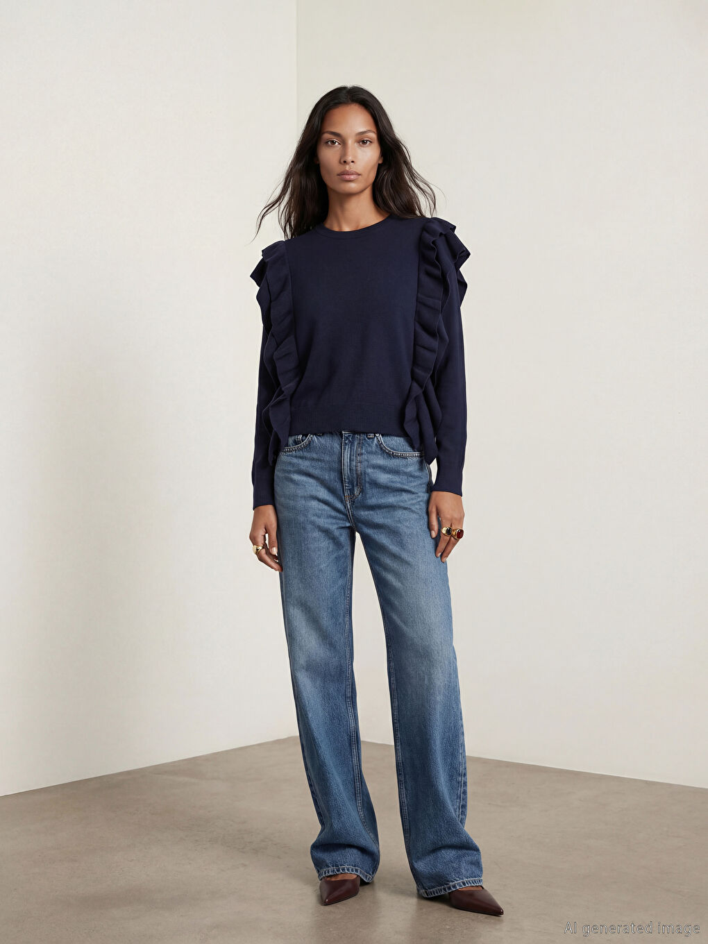 Lacivert Bisiklet Yaka Fırfır Detaylı Kadın Triko Kazak-1