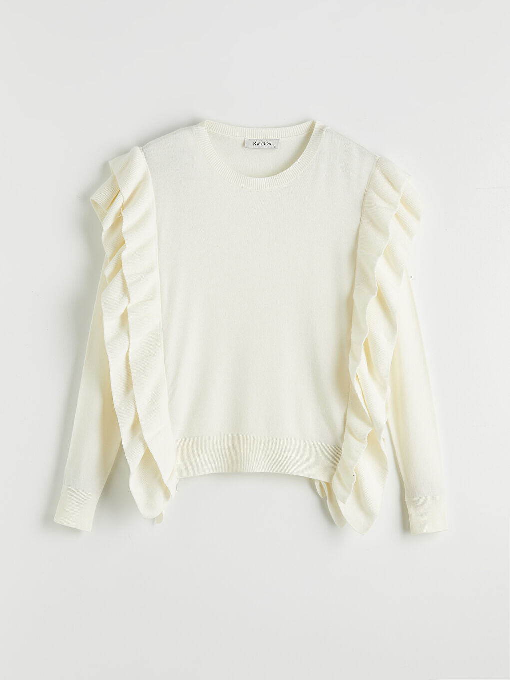 Ekru Bisiklet Yaka Fırfır Detaylı Kadın Triko Kazak	-4