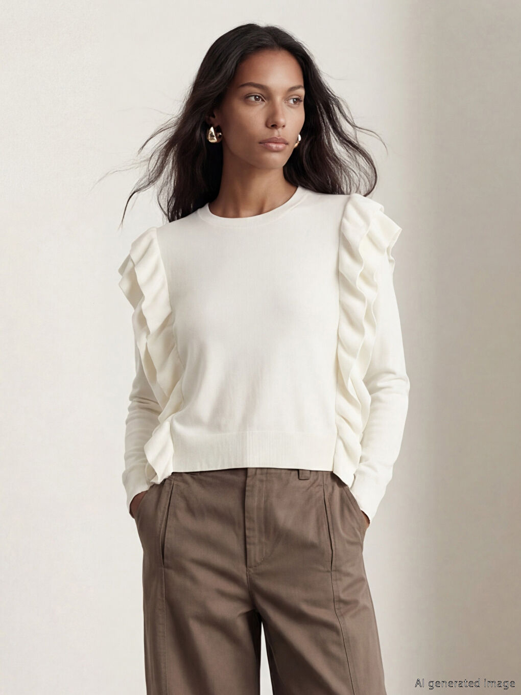 Ekru Bisiklet Yaka Fırfır Detaylı Kadın Triko Kazak	