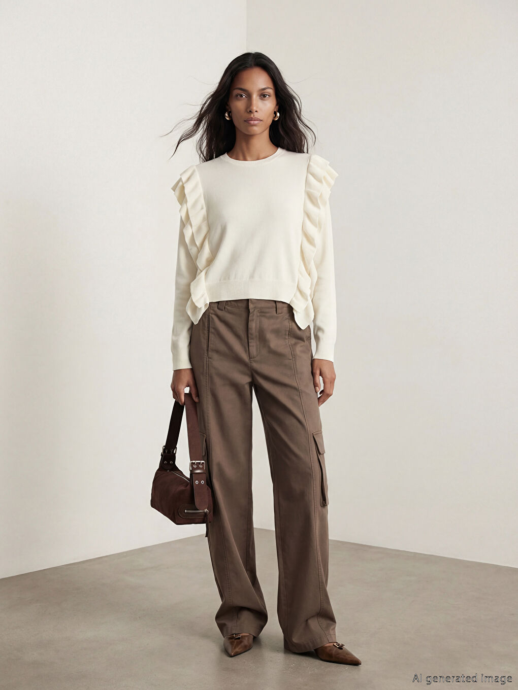 Ekru Bisiklet Yaka Fırfır Detaylı Kadın Triko Kazak	-1