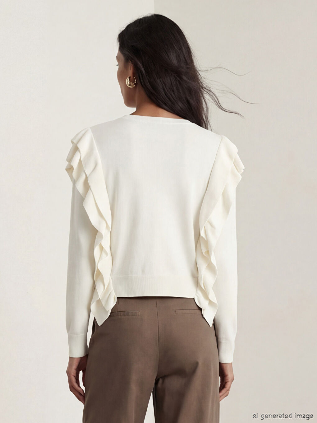 Ekru Bisiklet Yaka Fırfır Detaylı Kadın Triko Kazak	-3