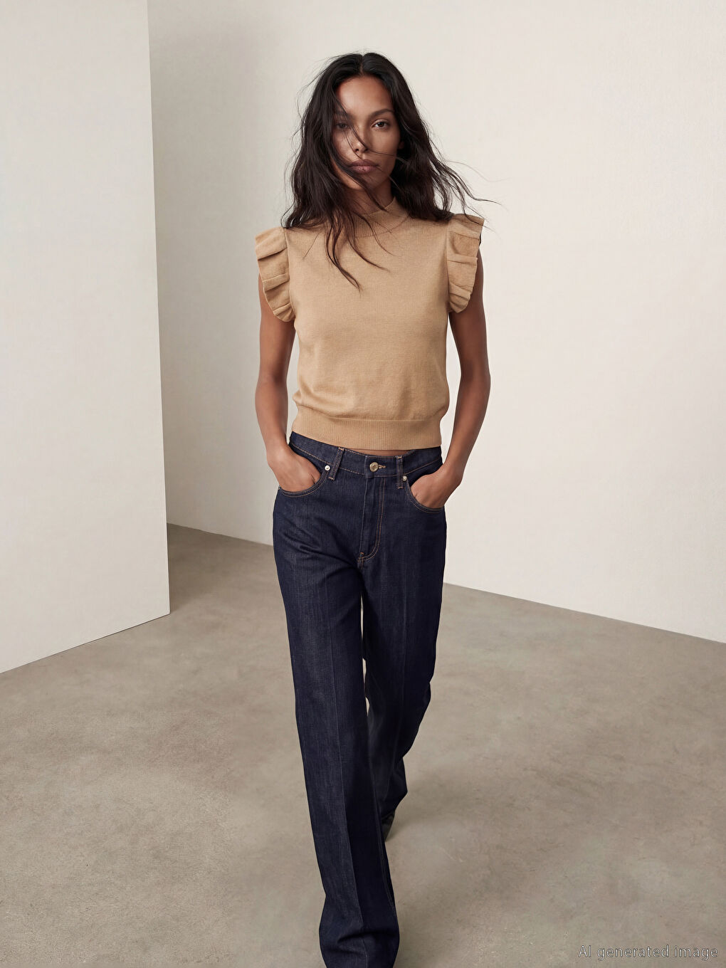 Bej Dik Yaka Fırfırlı Triko Bluz