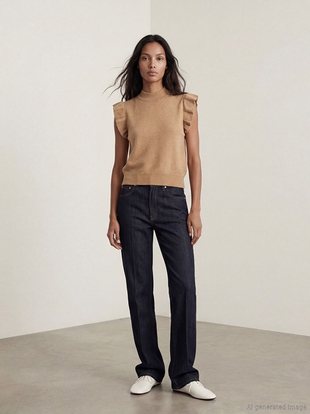 Bej Dik Yaka Fırfırlı Triko Bluz-1