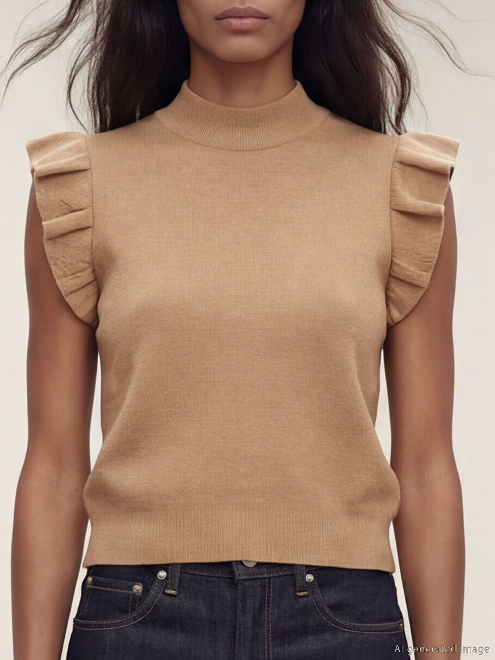 Bej Dik Yaka Fırfırlı Triko Bluz-2