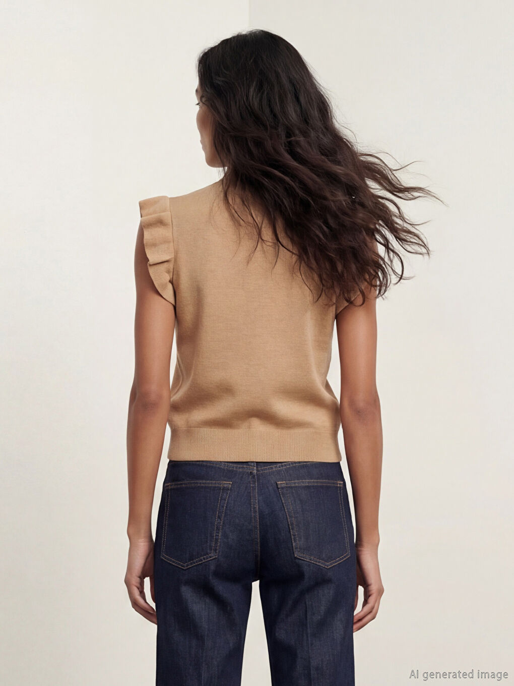 Bej Dik Yaka Fırfırlı Triko Bluz-3