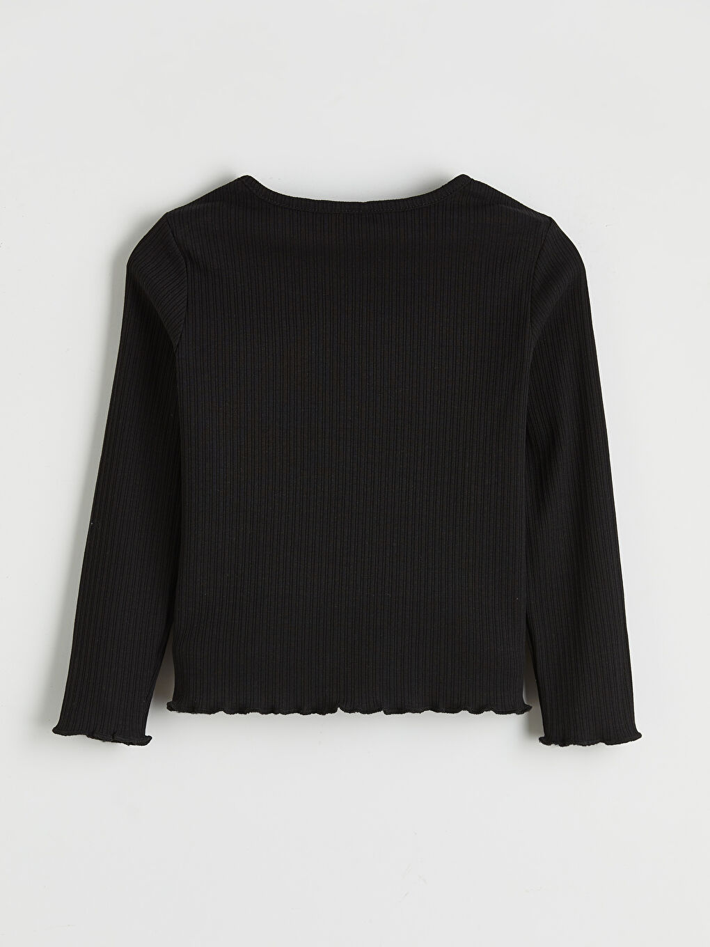 Siyah Bisiklet Yaka Fitilli Fırfırlı Kız Çocuk Tişört-1