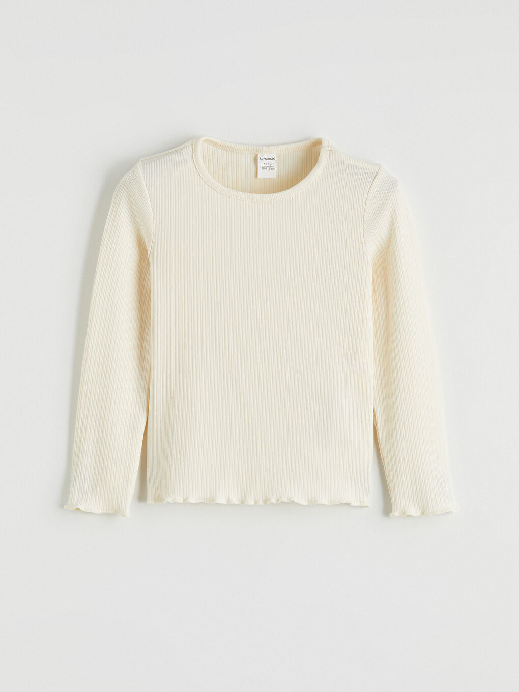 Ekru Bisiklet Yaka Fitilli Fırfırlı Kız Çocuk Tişört