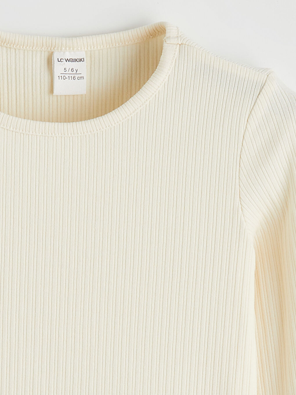 Ekru Bisiklet Yaka Fitilli Fırfırlı Kız Çocuk Tişört-1