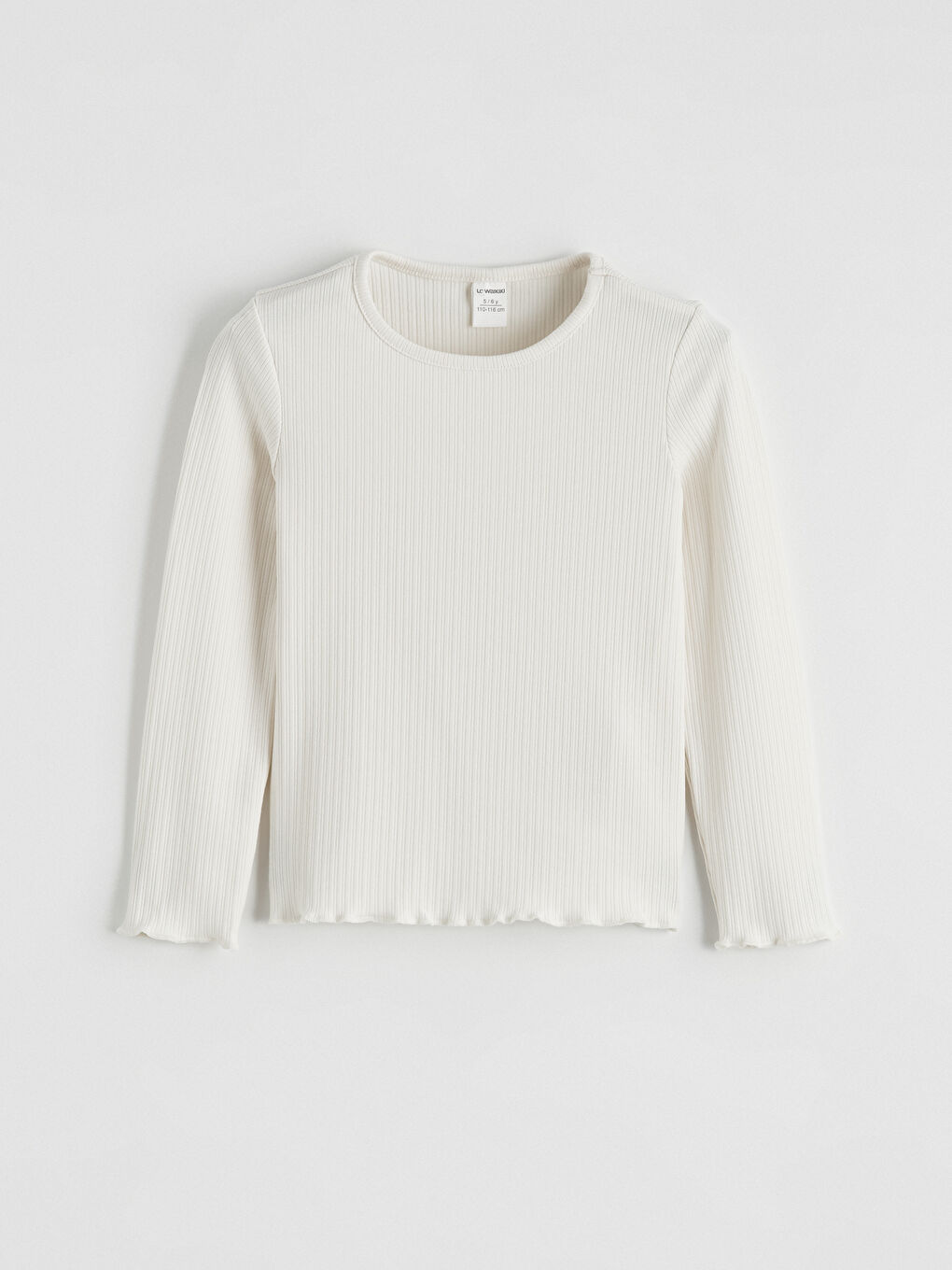 Ekru Bisiklet Yaka Fitilli Fırfırlı Kız Çocuk Tişört